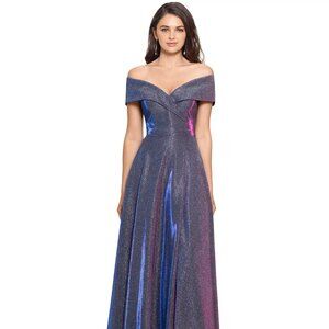 XSCAPE Women's Off-The-Shoulder Shimmer Wrap Gown Silver/Fuchsia Size 14 $310